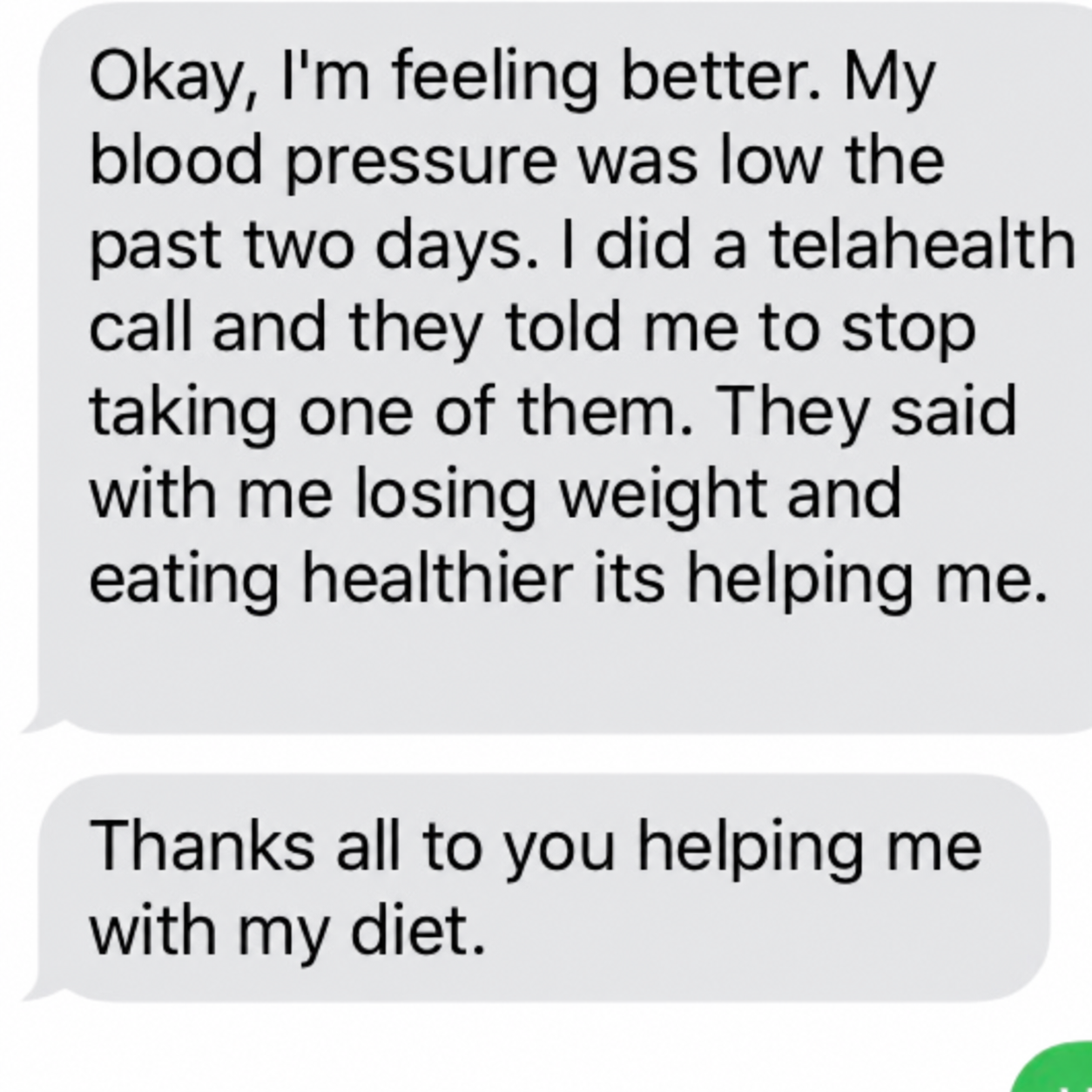 Client text-message testimonial shared with permission